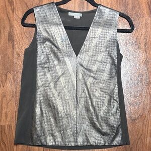VINCE Leather & Silk Black Perforated Stripes V Neck Tank Top SIZE 0